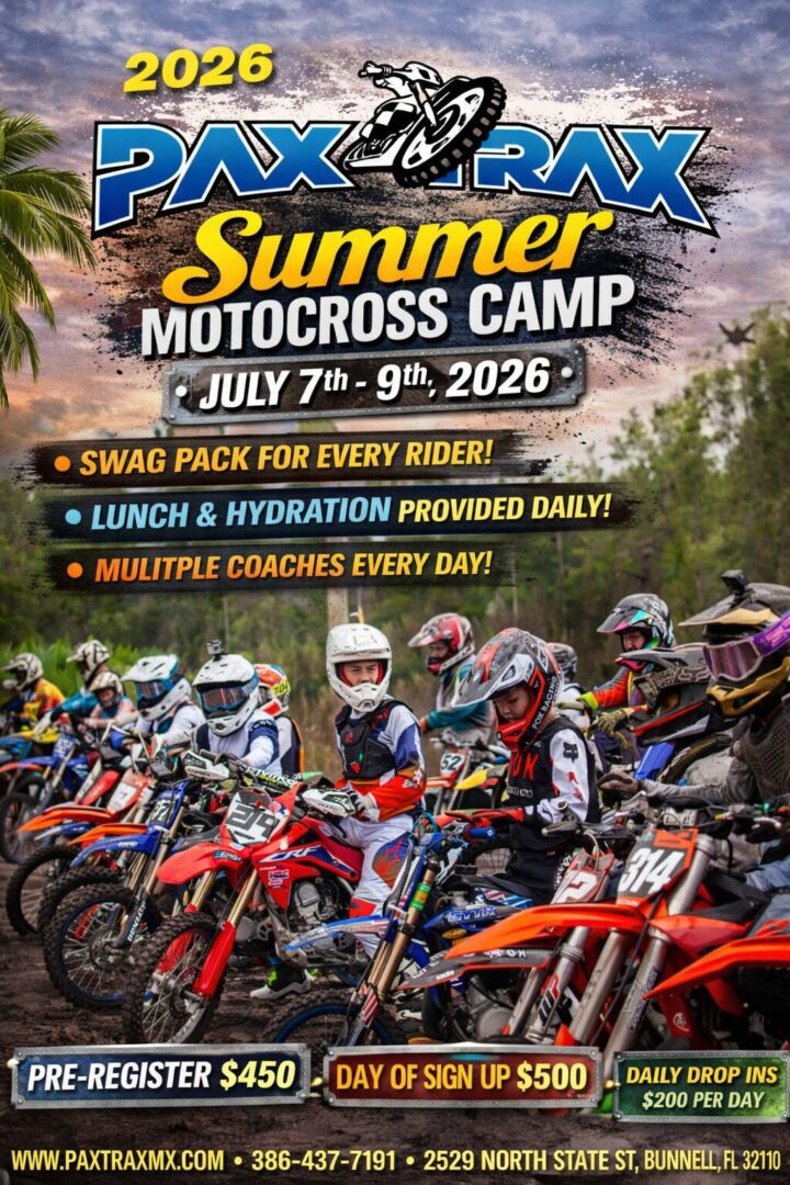 Kids racing motocross bikes at summer camp.